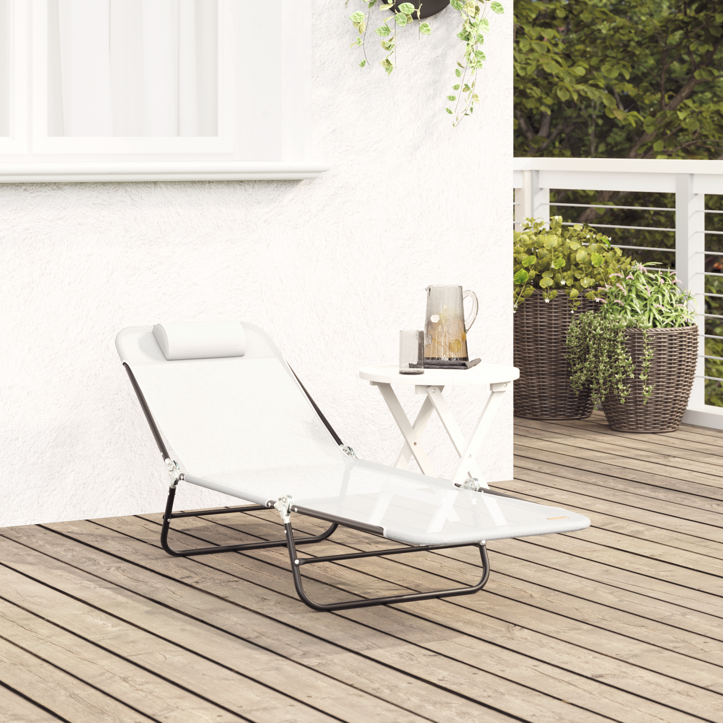 Folding Sun Lounger with Headrest Cream Textilene