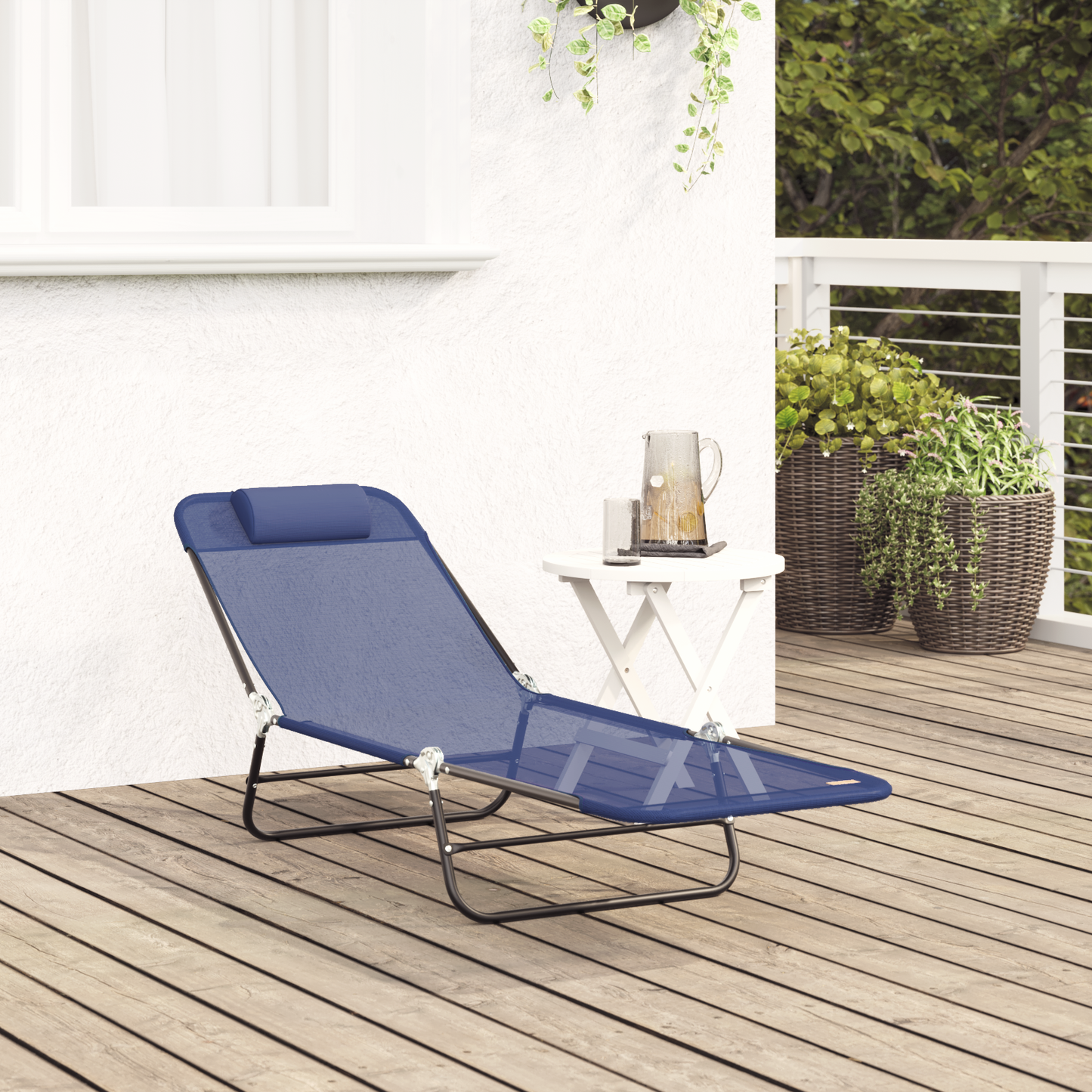 Folding Sun Lounger with Headrest Navy Textilene