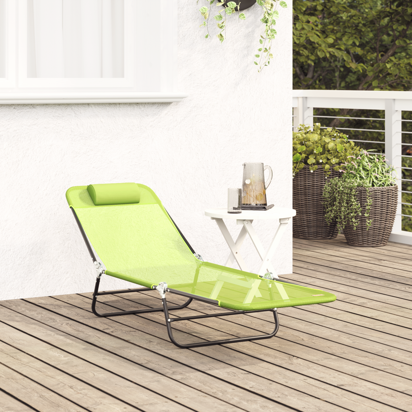 Folding Sun Lounger with Headrest Green Textilene