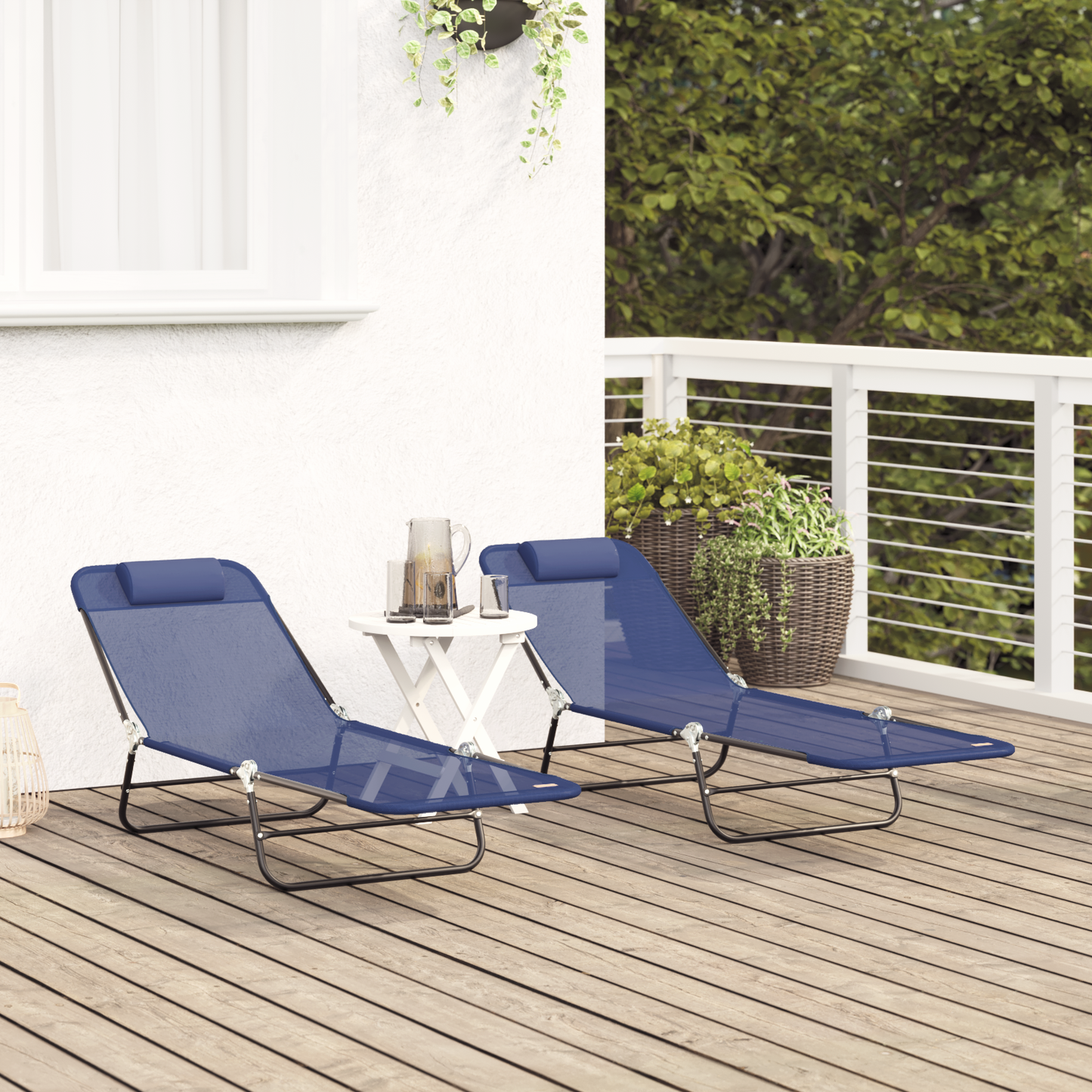 Folding Sun Loungers 2 pcs with Headrest Navy Textilene