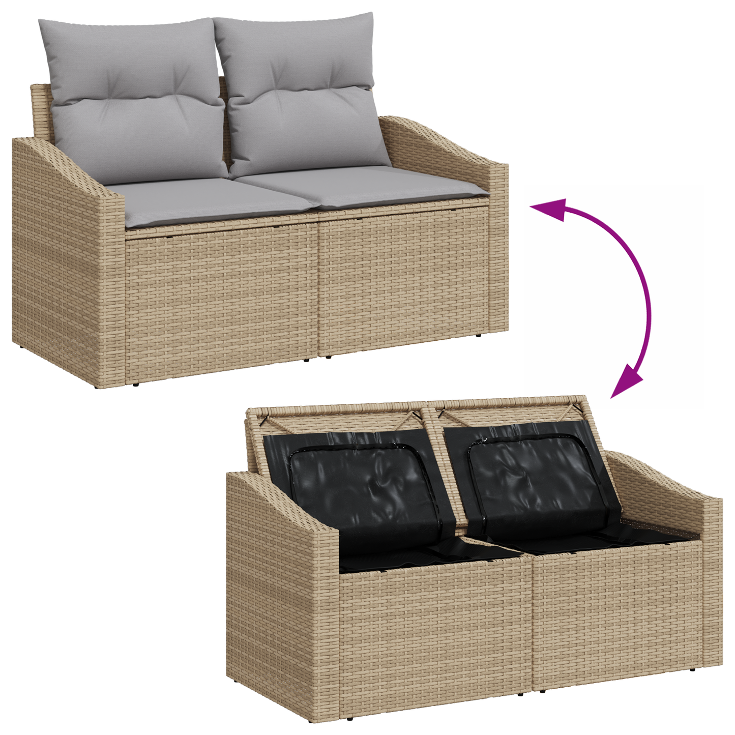 2-Seater Garden Sofa with Storage&Cushions Beige Poly Rattan