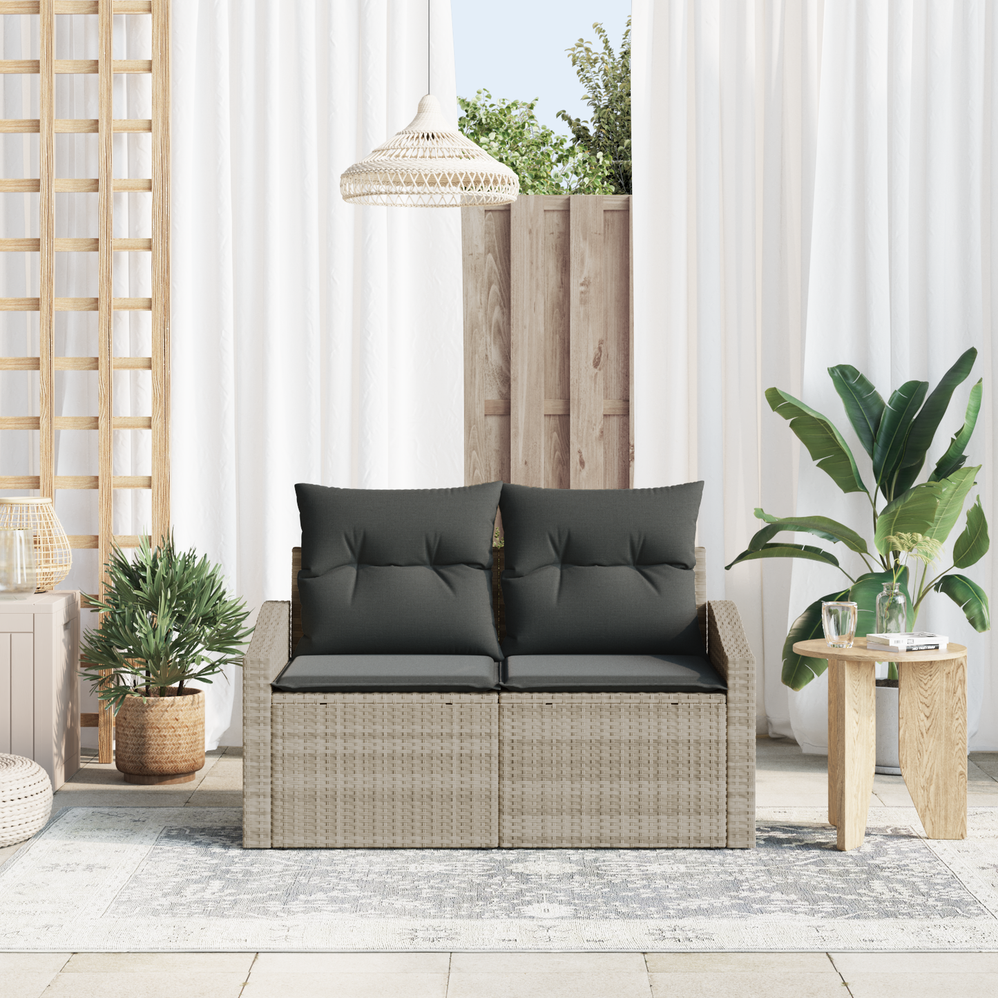 2-Seater Garden Sofa with Storage&Cushions Grey Poly Rattan