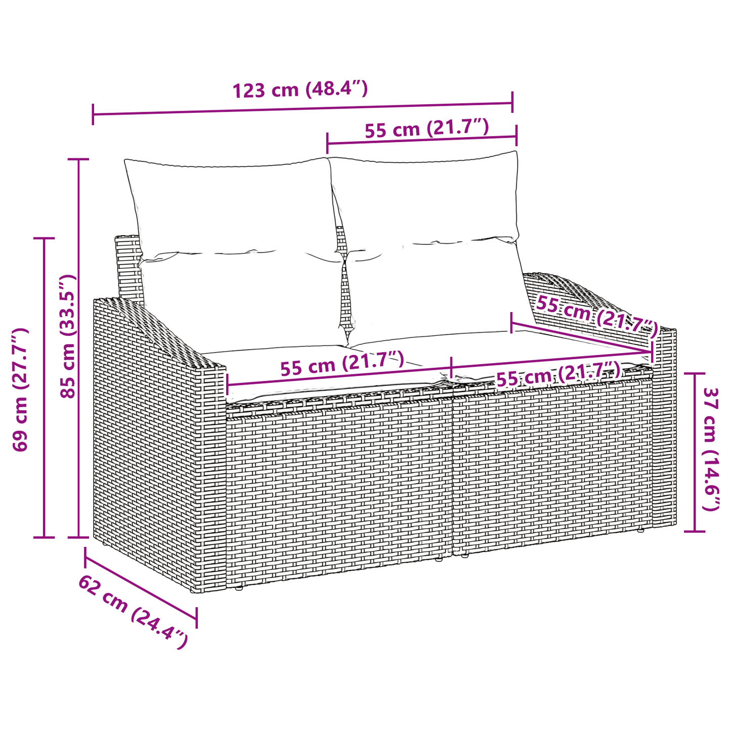 2-Seater Garden Sofa with Storage&Cushions Grey Poly Rattan
