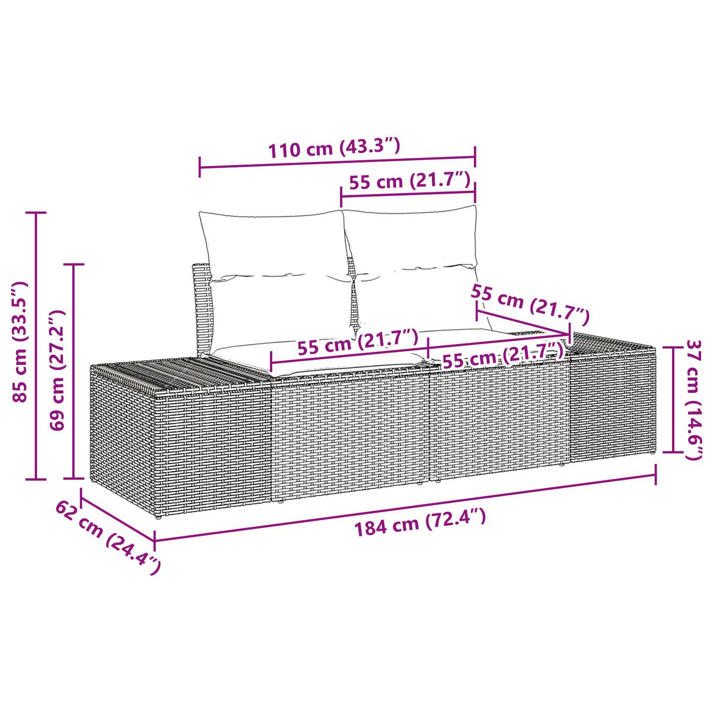 2-Seater Garden Sofa with Cushions Grey Poly Rattan