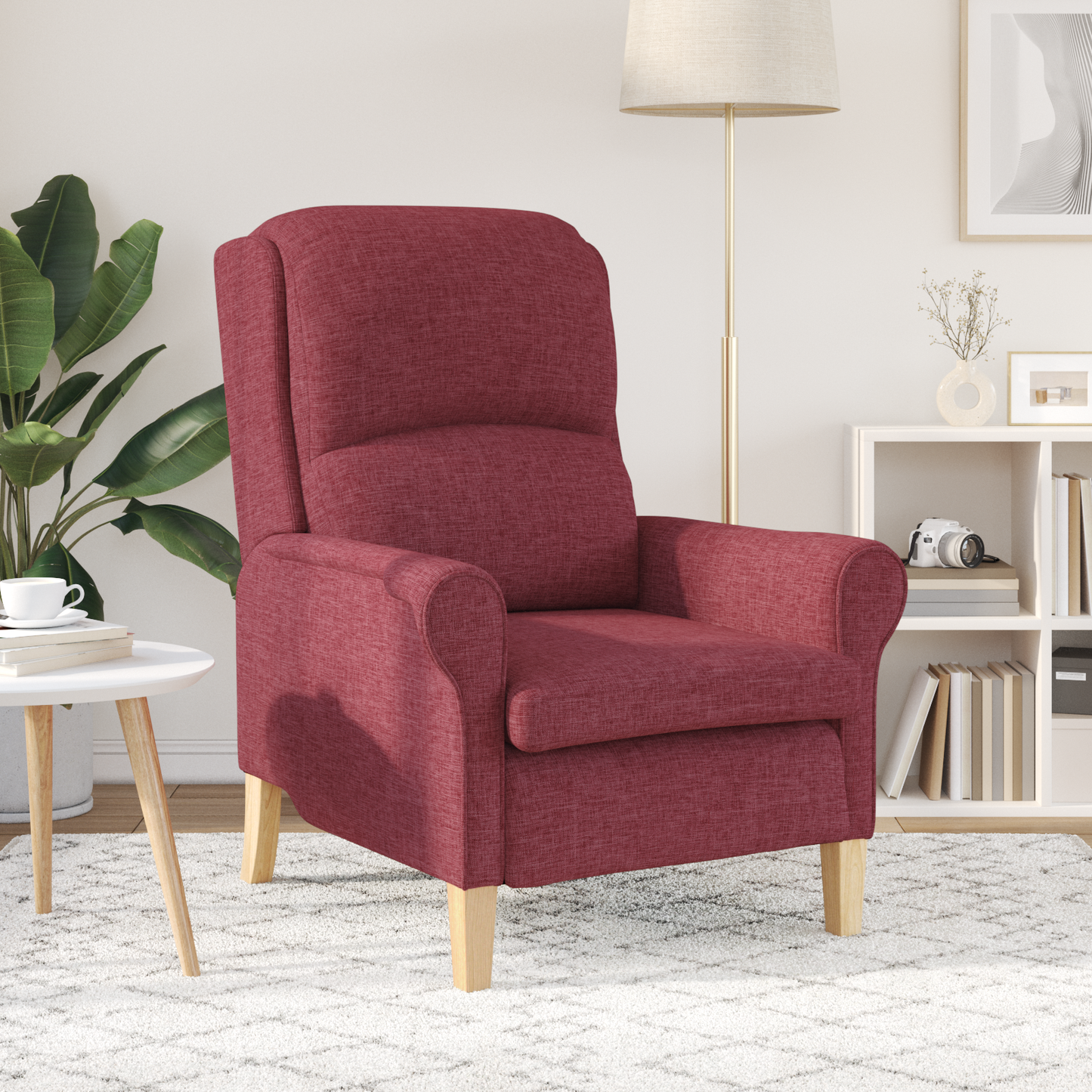 Modern Armchair Wine Red Polyester Fabric with Wooden Frame Medium