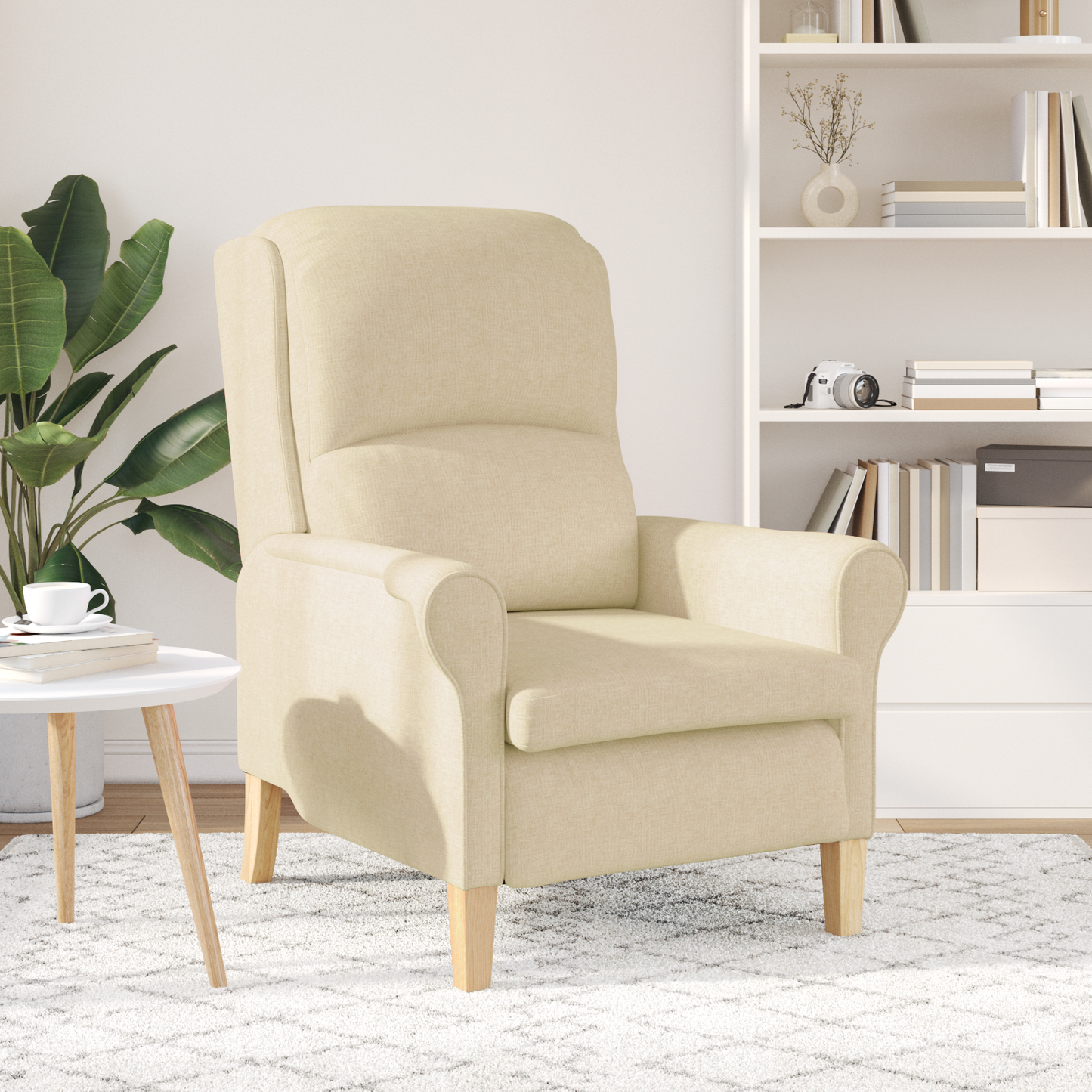 Modern Armchair Cream Fabric and Wood Medium Cream Armchair