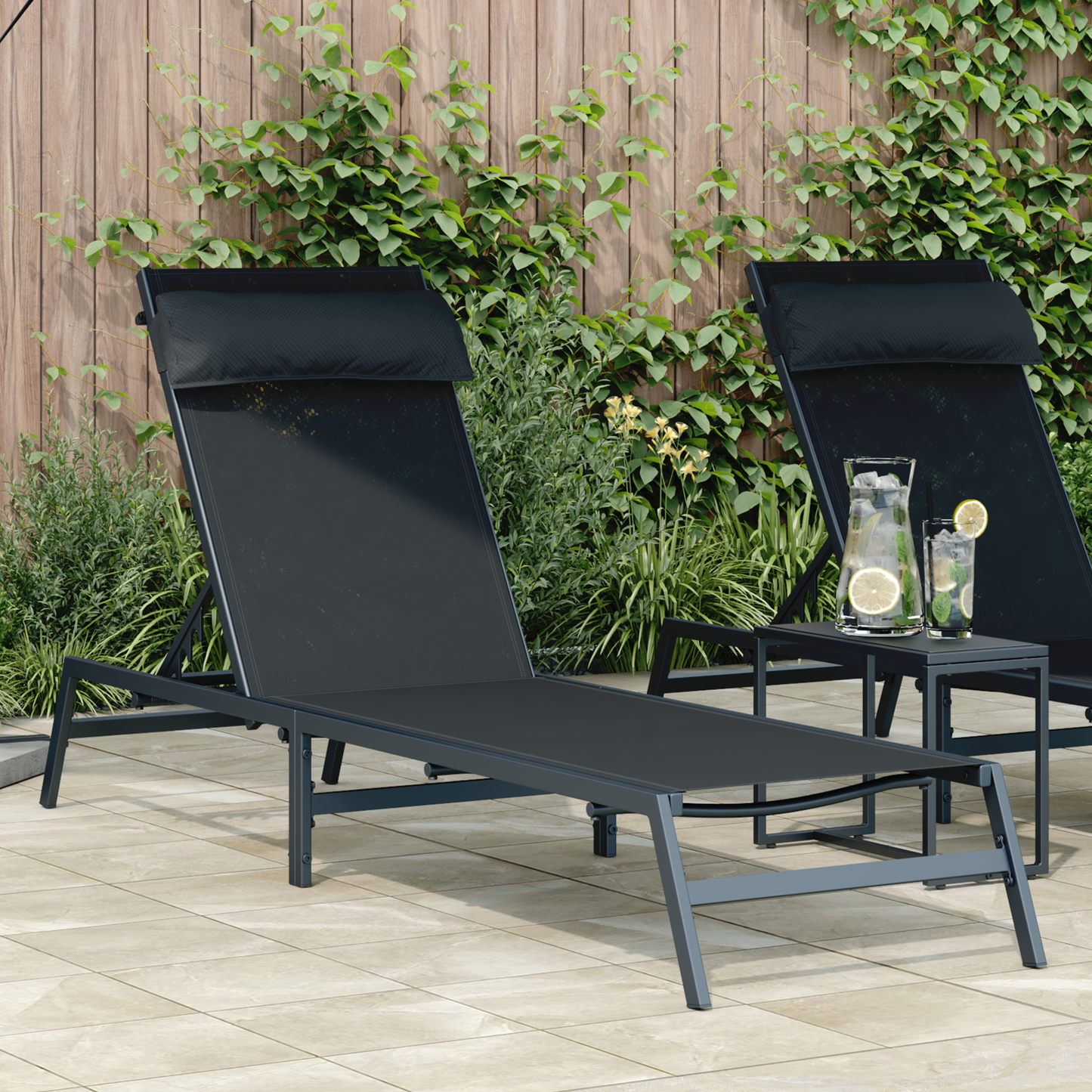 Sun Lounger Black Steel, Textilene Single Adjustable Armrests