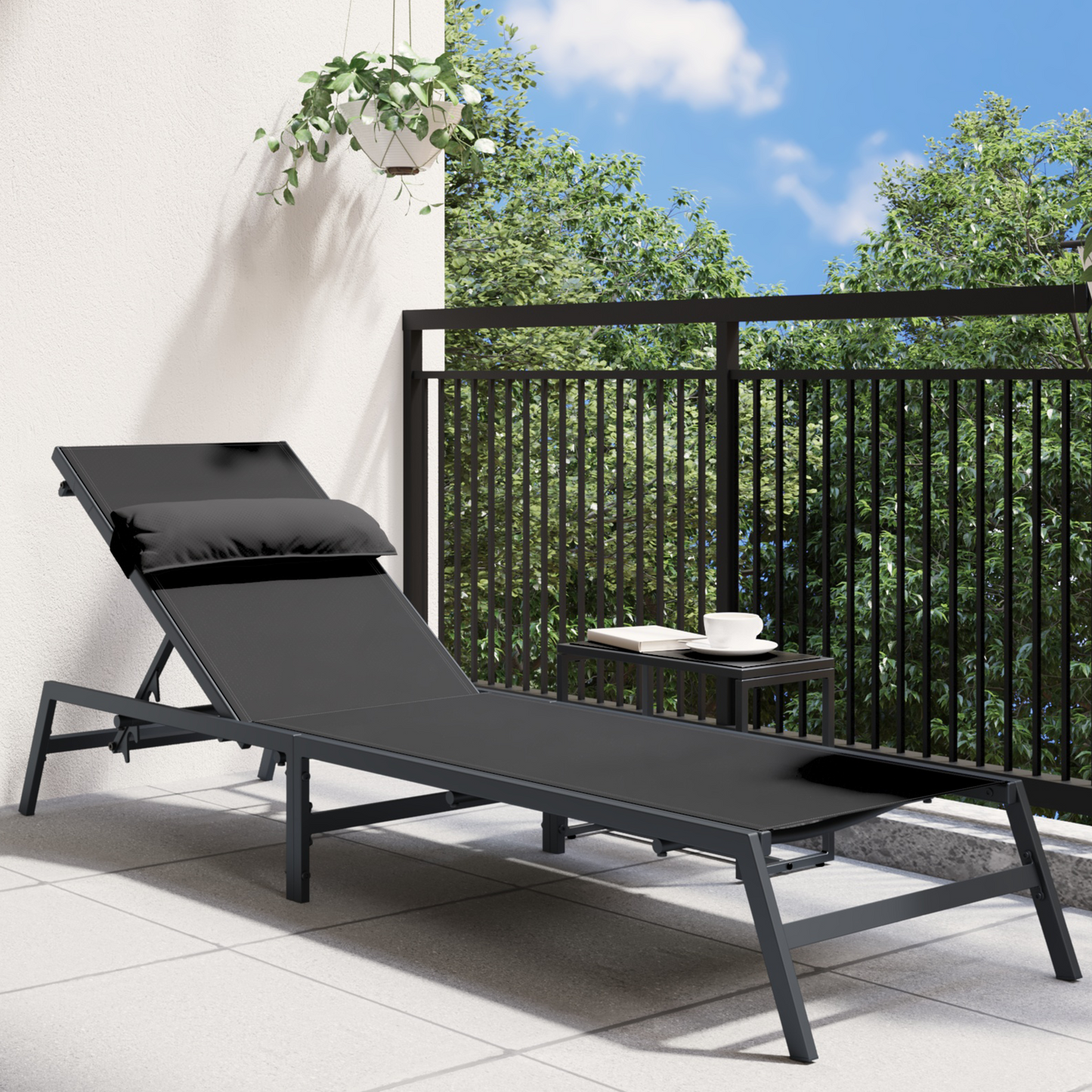 Sun Lounger Black Steel, Textilene Single Adjustable Armrests