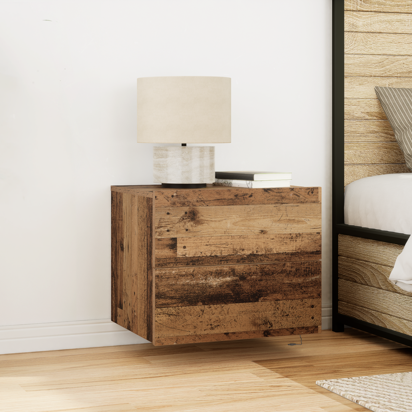 Bedside Cabinet with LED Wall-Mounted Old Wood 50x39x41 cm
