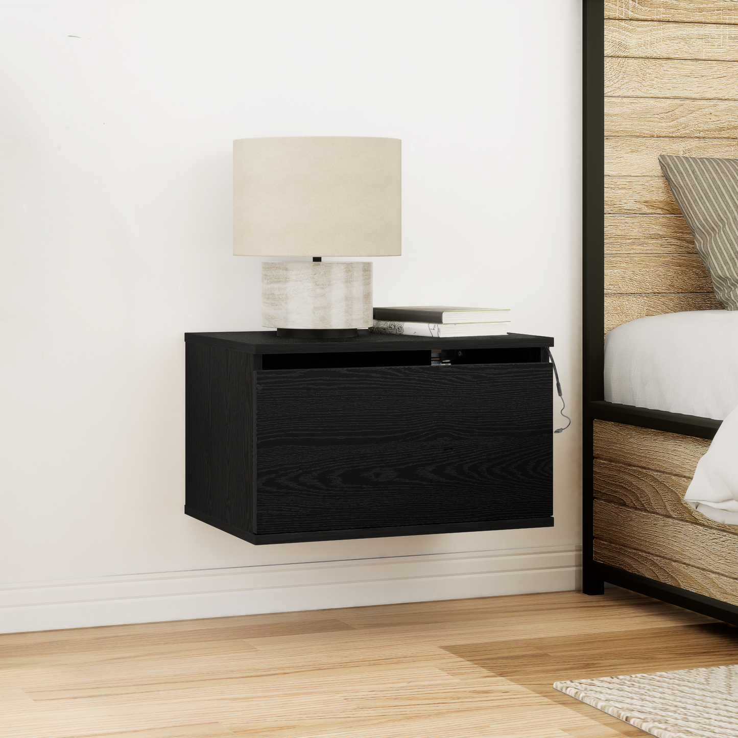 Bedside Cabinet with LED Wall-Mounted Black Oak 50x36x30 cm