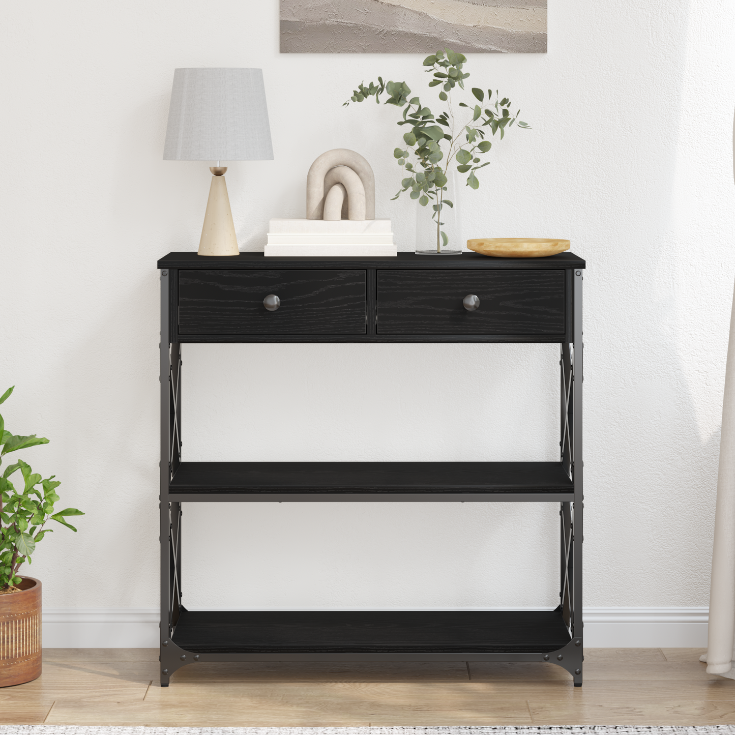 Console Table Black Oak 75x28x75 cm Engineered Wood and Steel