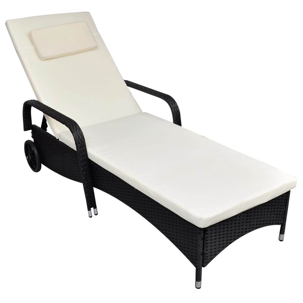 Black Poly Rattan Sun Lounger with Wheels - Stylish & Convenient