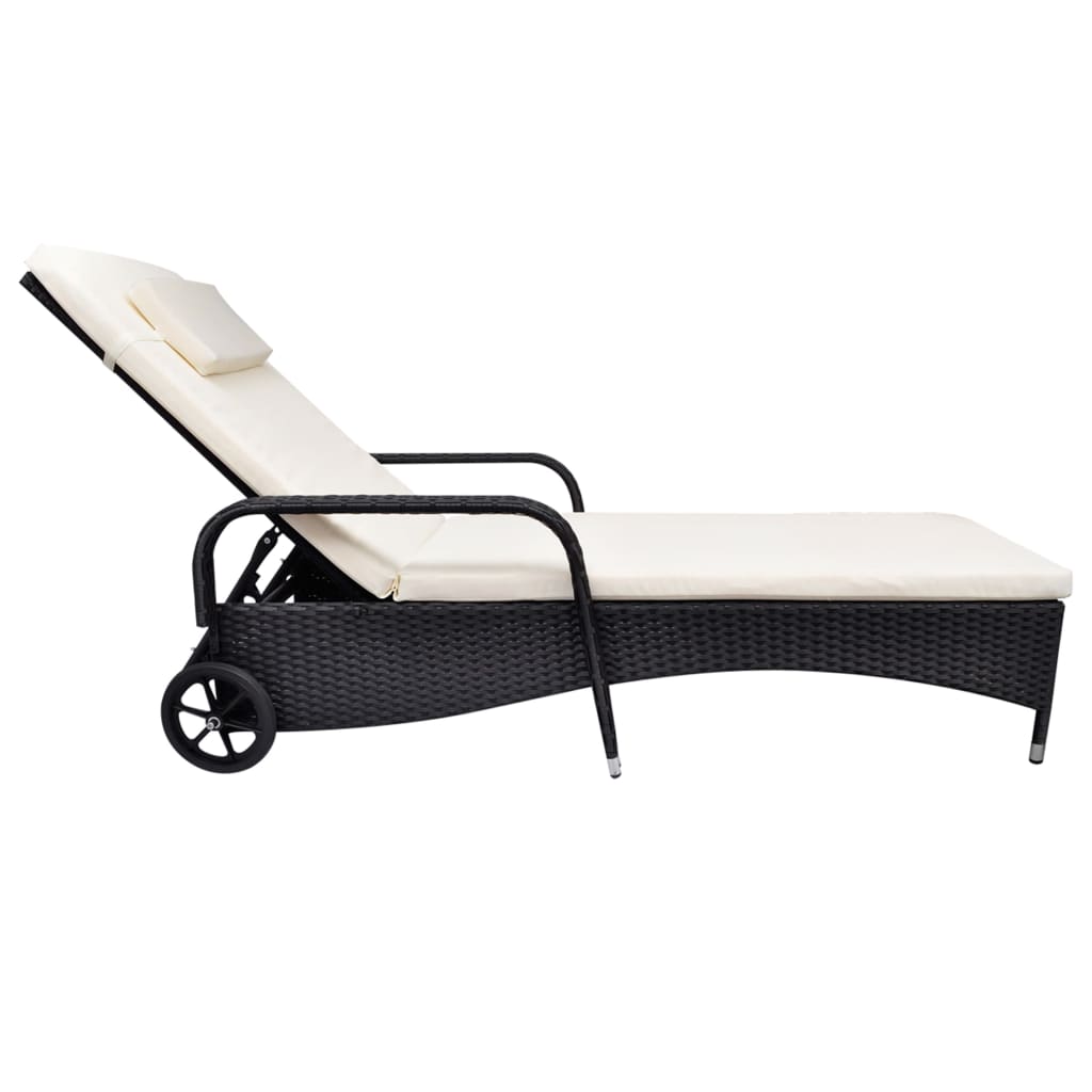Black Poly Rattan Sun Lounger with Wheels - Stylish & Convenient