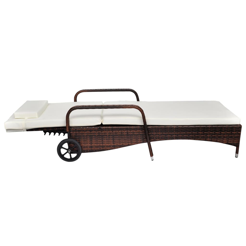Brown Poly Rattan Sun Lounger with Wheels - Stylish & Mobile