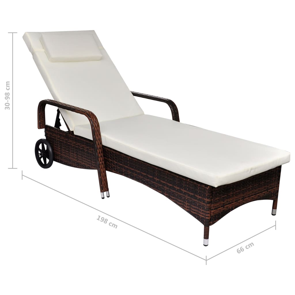 Brown Poly Rattan Sun Lounger with Wheels - Stylish & Mobile