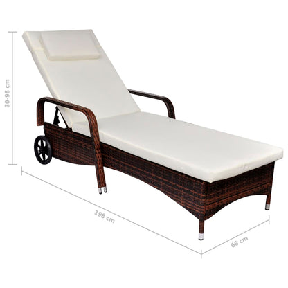 Brown Poly Rattan Sun Lounger with Wheels - Stylish & Mobile
