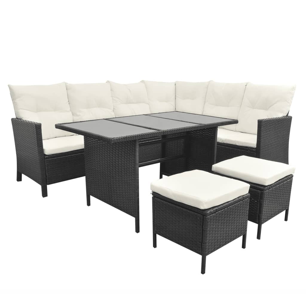 4-Piece Poly Rattan Garden Lounge Set with Cushions - Black