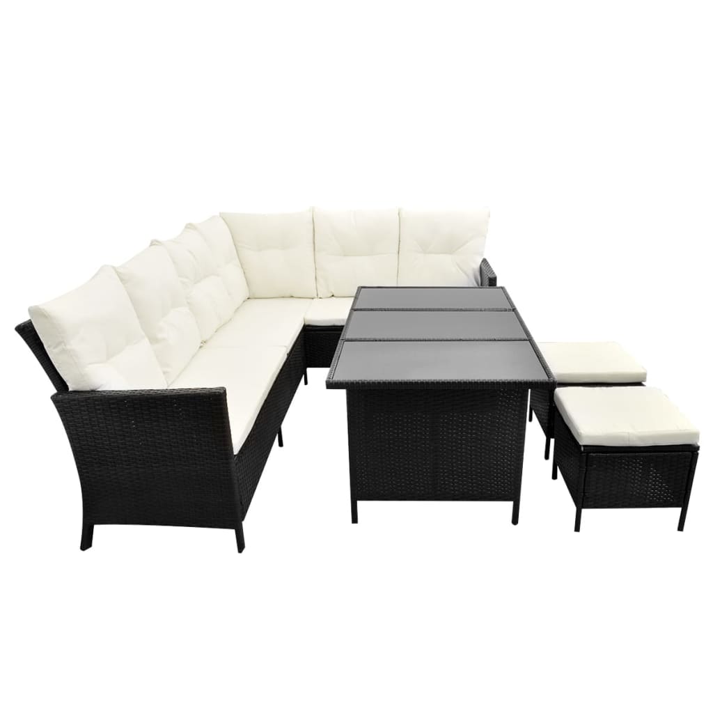 4-Piece Poly Rattan Garden Lounge Set with Cushions - Black