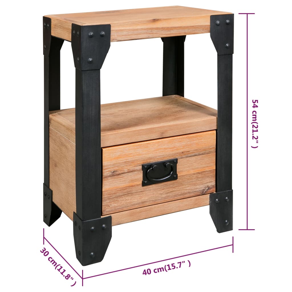 Solid Acacia Wood & Steel Nightstand, 40x30x54 cm