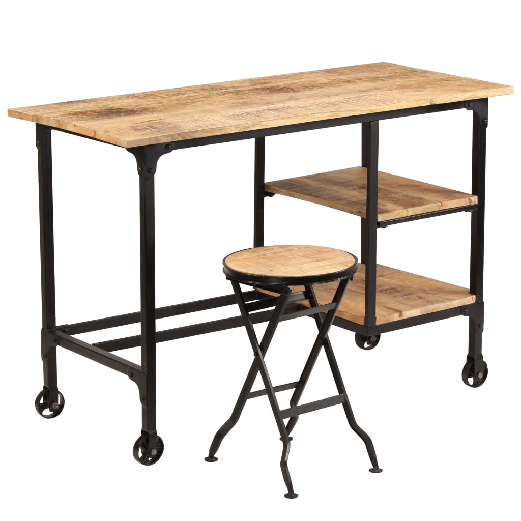 Solid Mango Wood Desk with Folding Stool, 115x50x76 cm