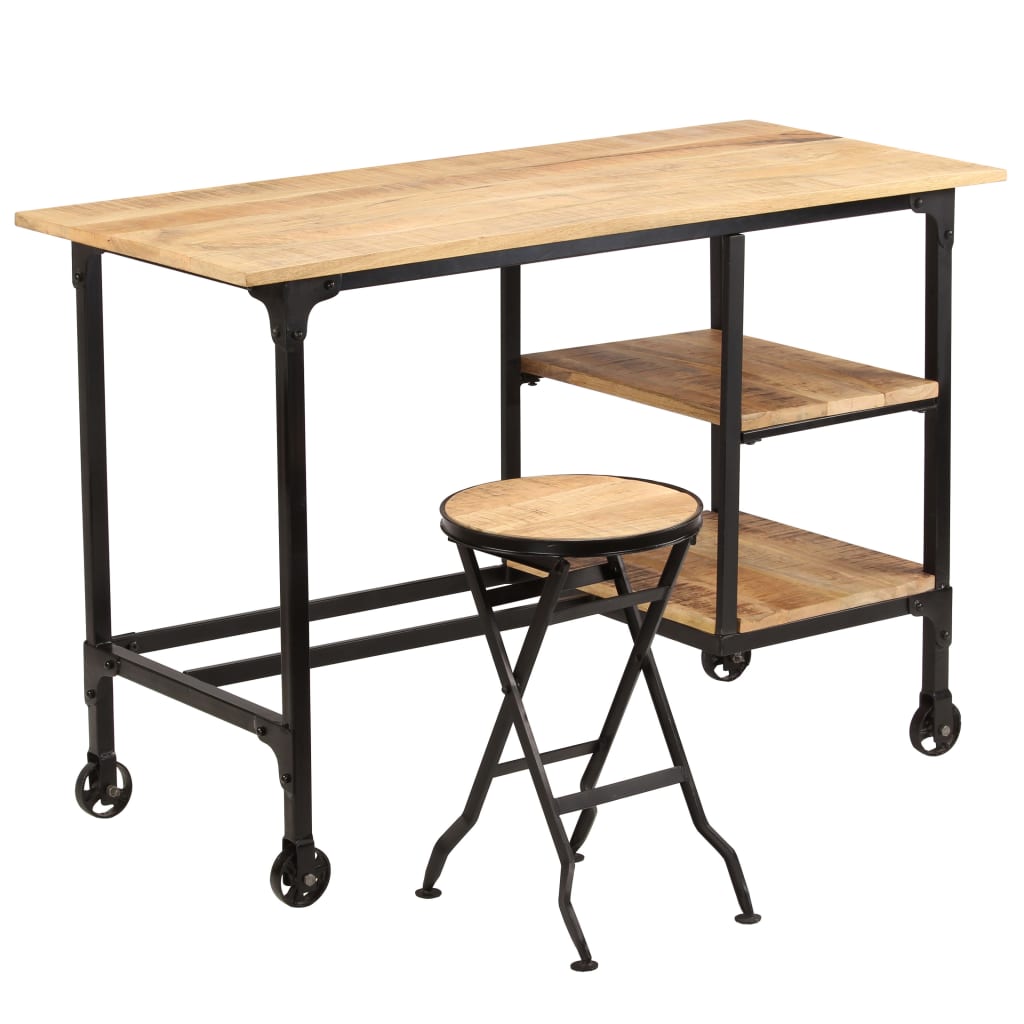 Solid Mango Wood Desk with Folding Stool, 115x50x76 cm