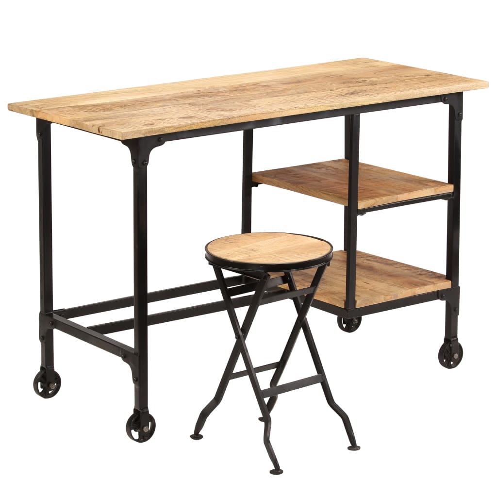 Solid Mango Wood Desk with Folding Stool, 115x50x76 cm