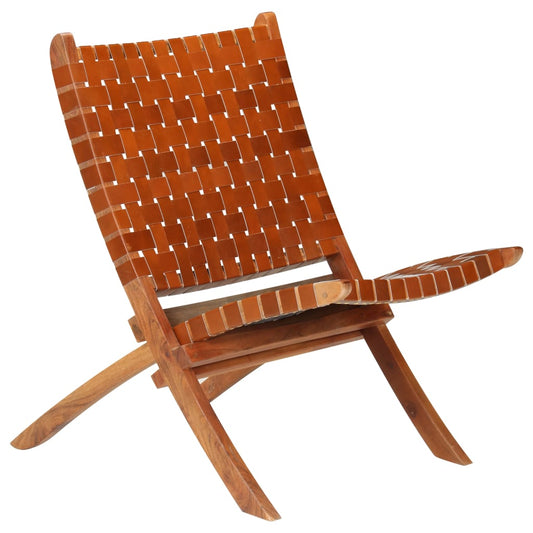 Brown Real Leather Folding Chair with Crossed-Stripe Design