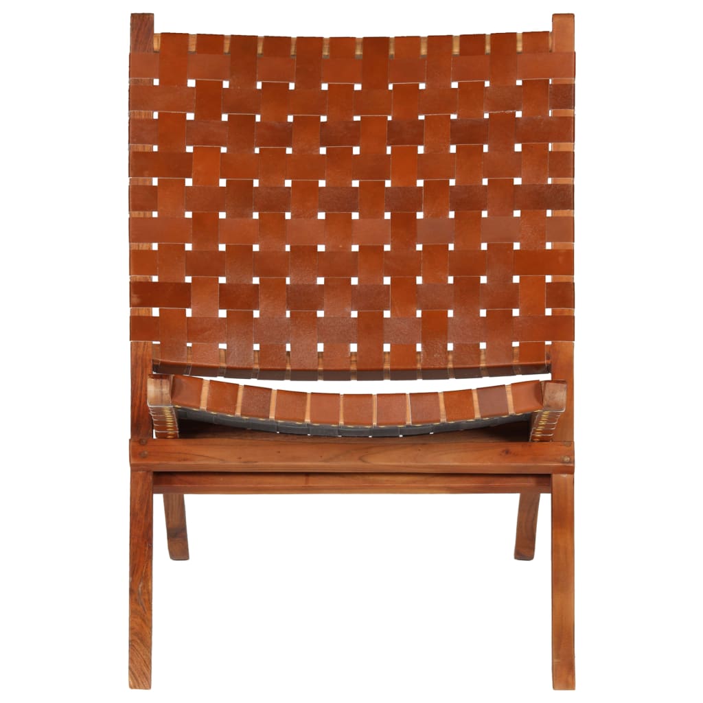 Brown Real Leather Folding Chair with Crossed-Stripe Design