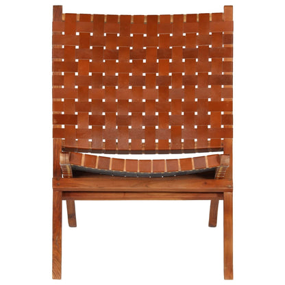 Brown Real Leather Folding Chair with Crossed-Stripe Design