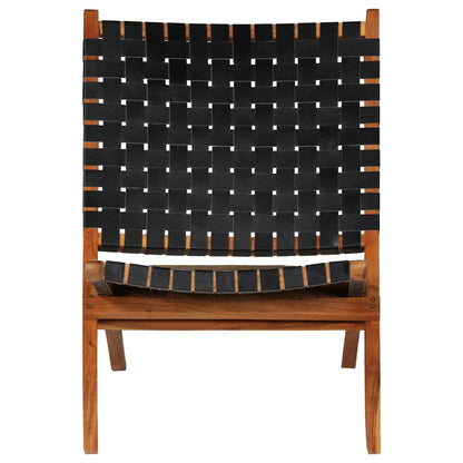 Luxury Folding Chair in Black Real Leather with Crossed-Stripes