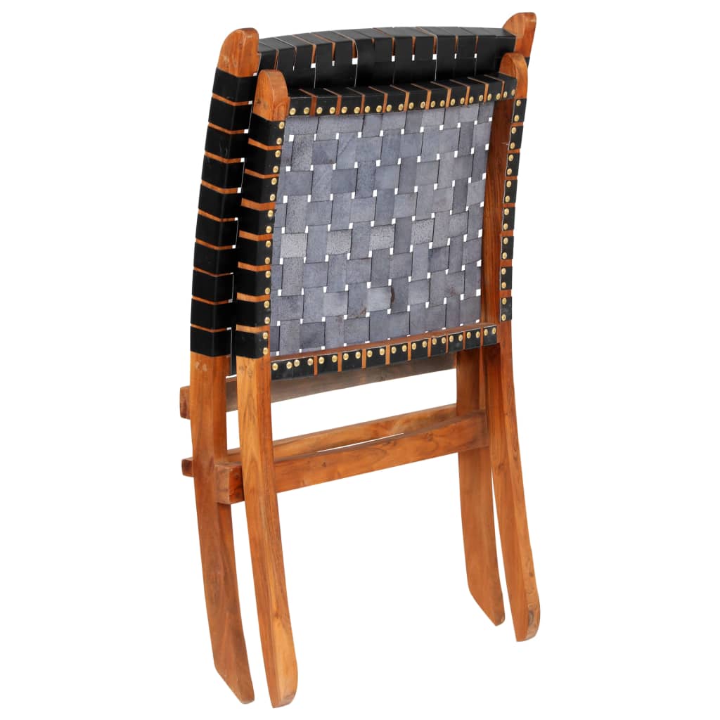 Luxury Folding Chair in Black Real Leather with Crossed-Stripes