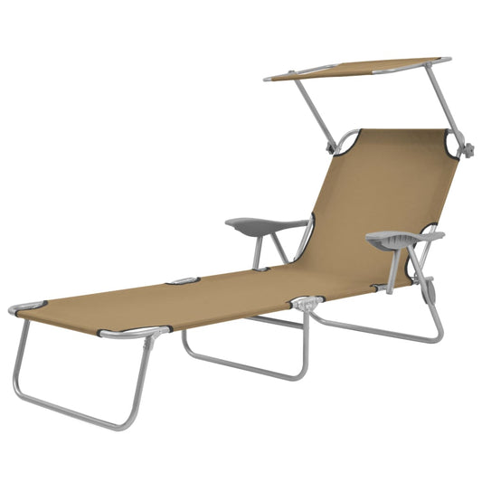 Taupe Steel Folding Sun Lounger with Canopy - Relax in Style