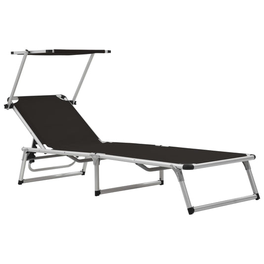 Black Folding Sun Lounger with Roof - Aluminum & Textilene