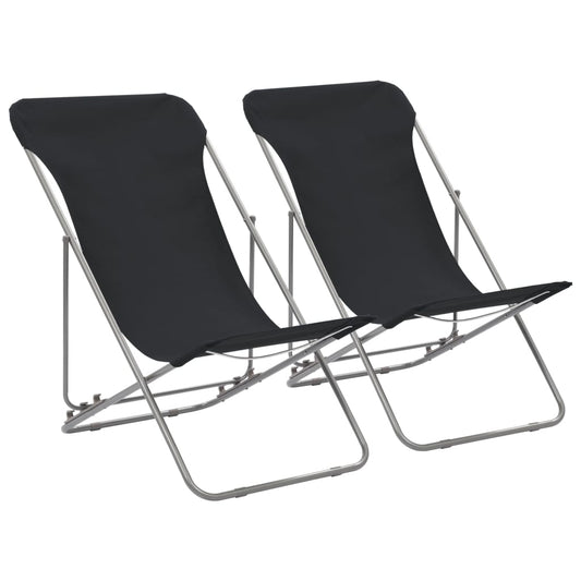 Black Steel & Oxford Fabric Folding Beach Chairs - Set of 2