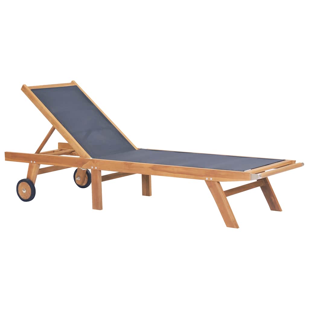 Teak Folding Sun Lounger with Wheels - Textilene Fabric