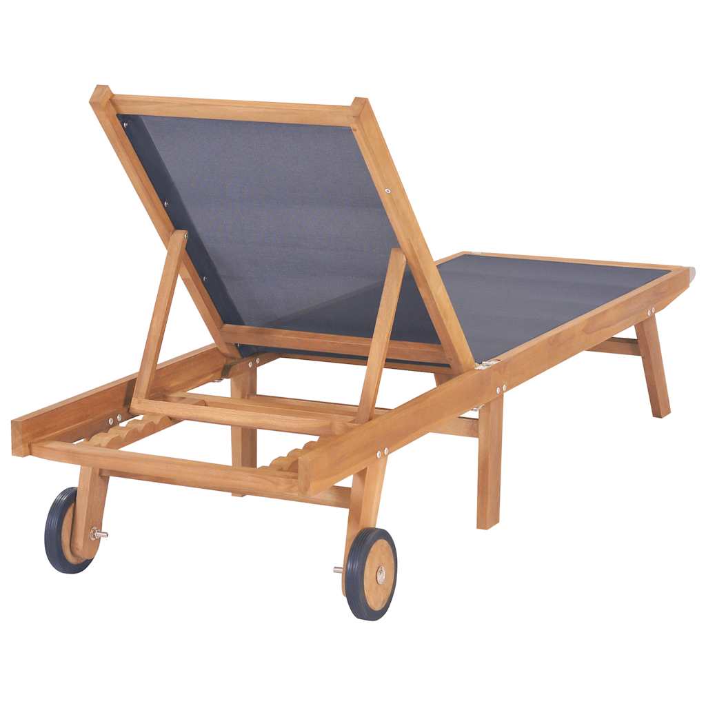 Teak Folding Sun Lounger with Wheels - Textilene Fabric