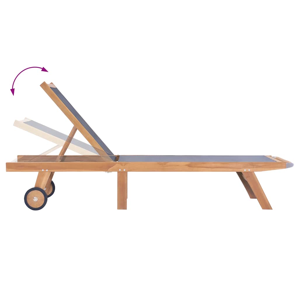 Teak Folding Sun Lounger with Wheels - Textilene Fabric