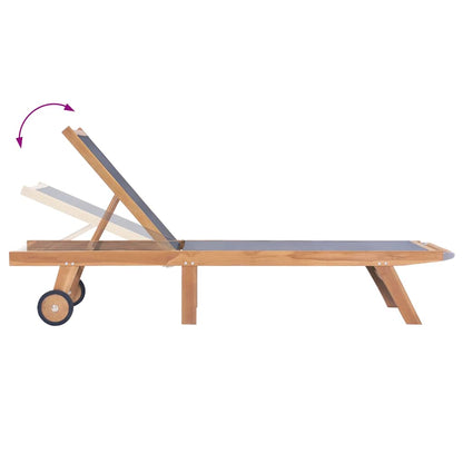 Teak Folding Sun Lounger with Wheels - Textilene Fabric