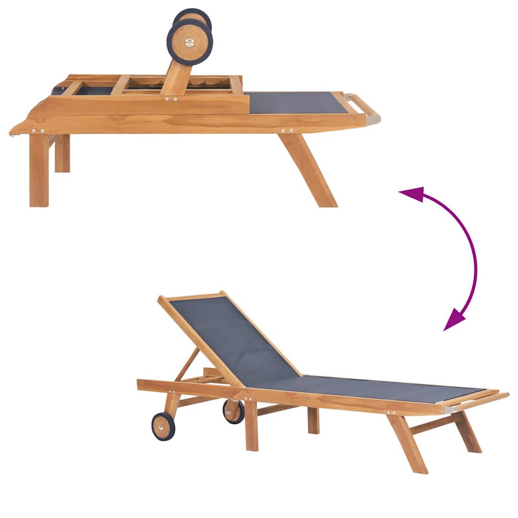 Teak Folding Sun Lounger with Wheels - Textilene Fabric