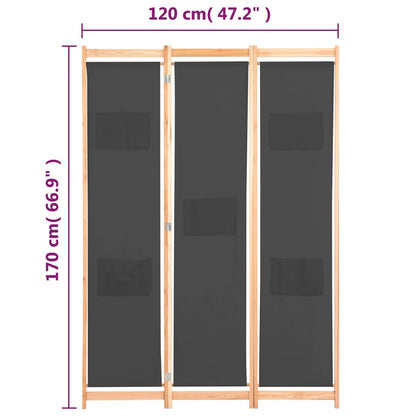 Grey 3-Panel Fabric Room Divider - 120x170x4 cm