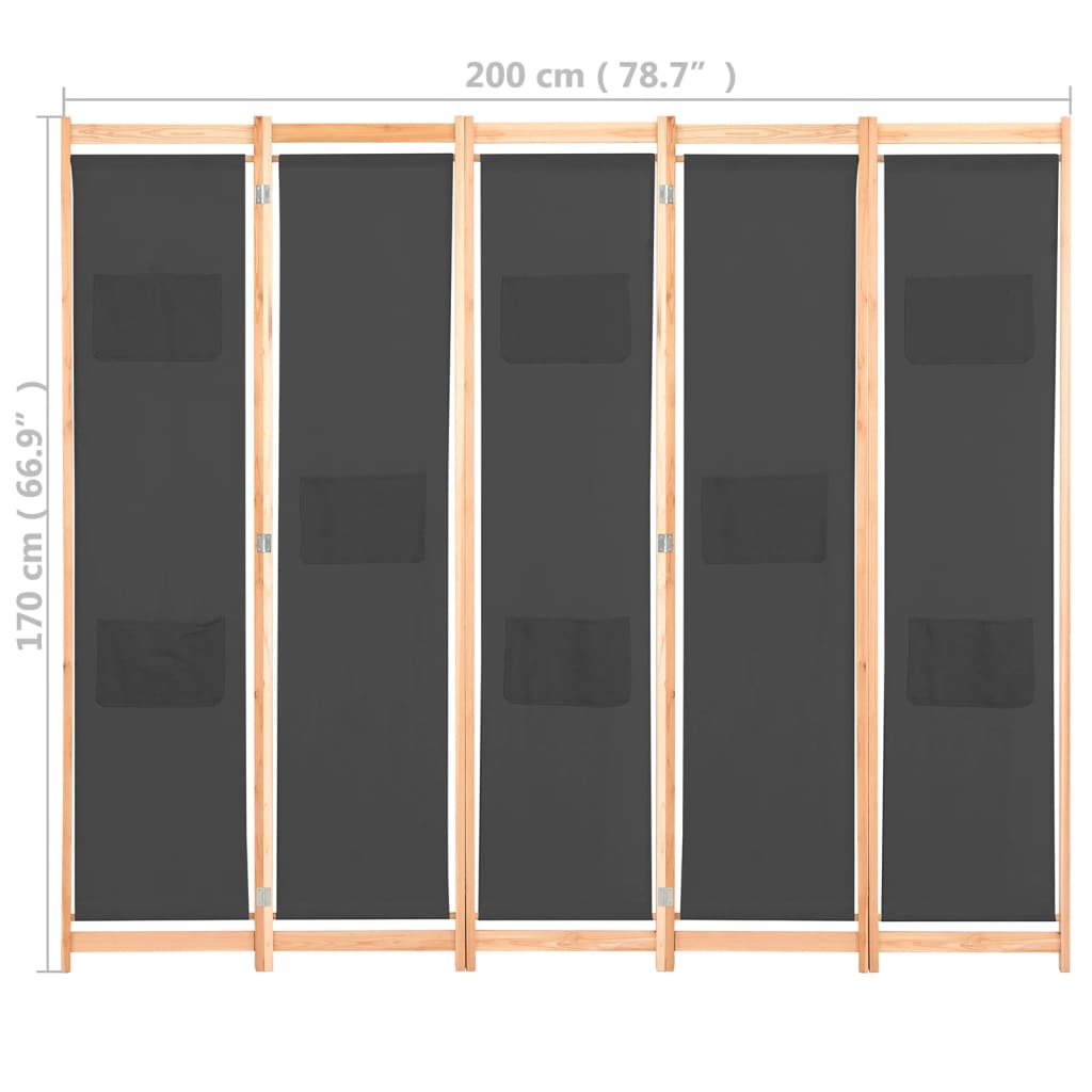 Elegant Grey 5-Panel Fabric Room Divider - 200x170 cm