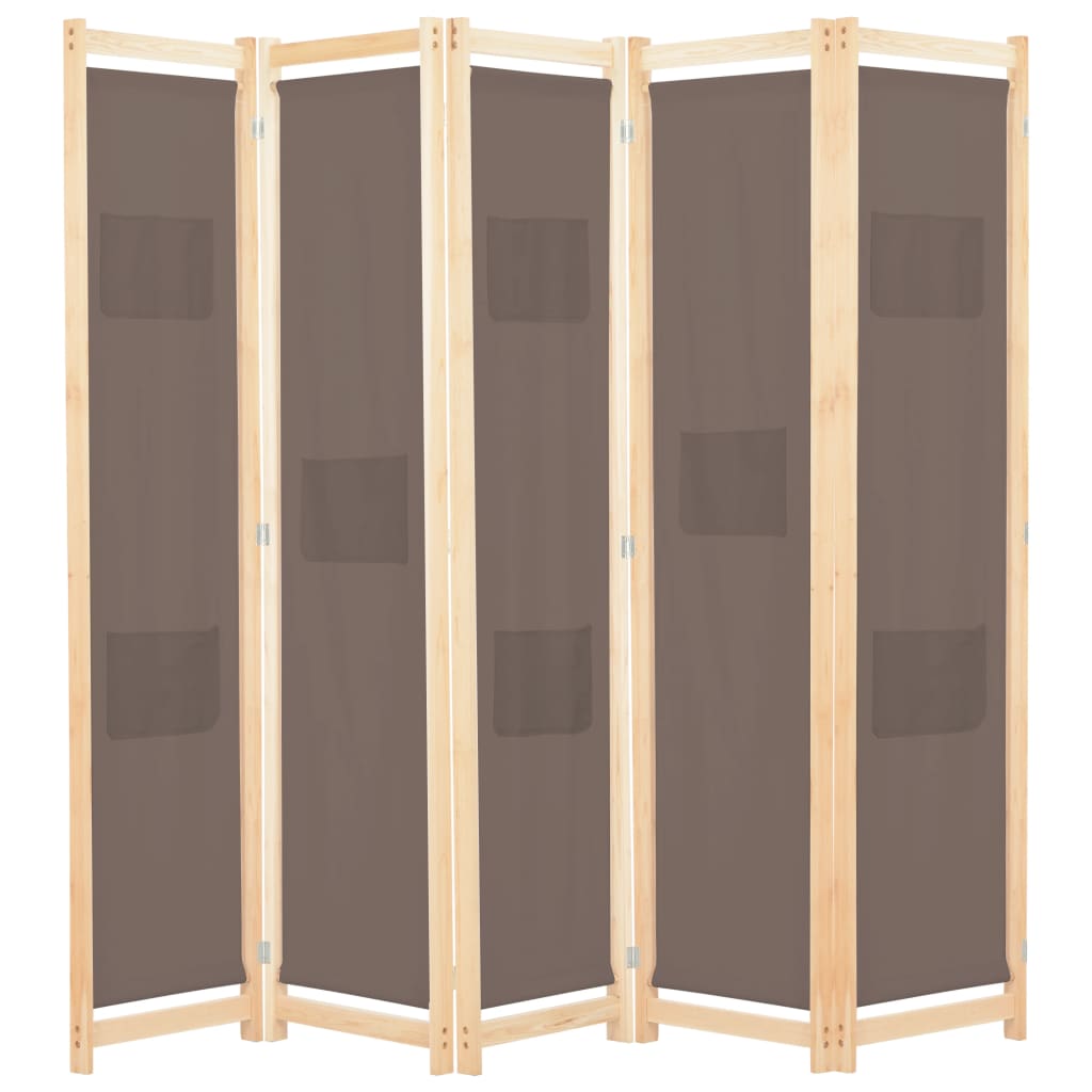 Foldable 5-Panel Brown Fabric Room Divider - 200x170x4 cm