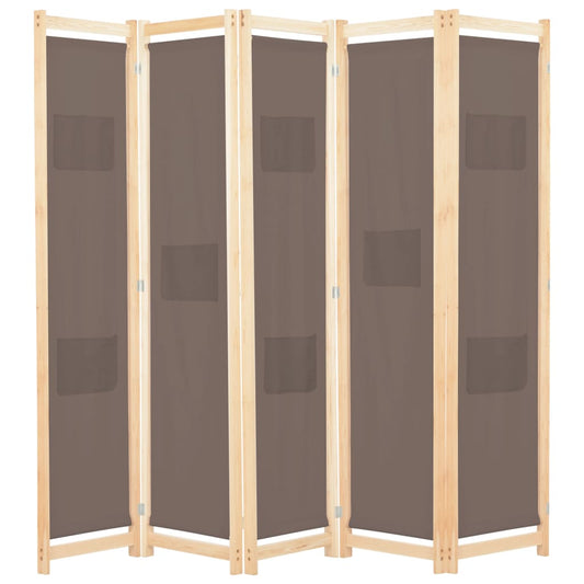 Foldable 5-Panel Brown Fabric Room Divider - 200x170x4 cm