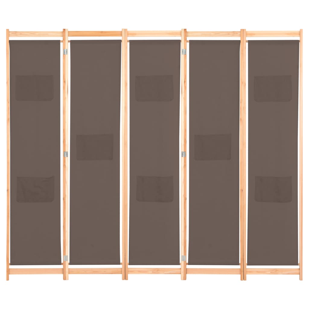 Foldable 5-Panel Brown Fabric Room Divider - 200x170x4 cm