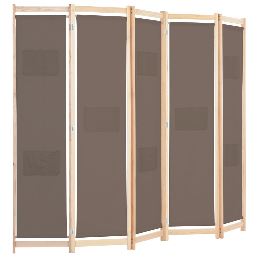 Foldable 5-Panel Brown Fabric Room Divider - 200x170x4 cm