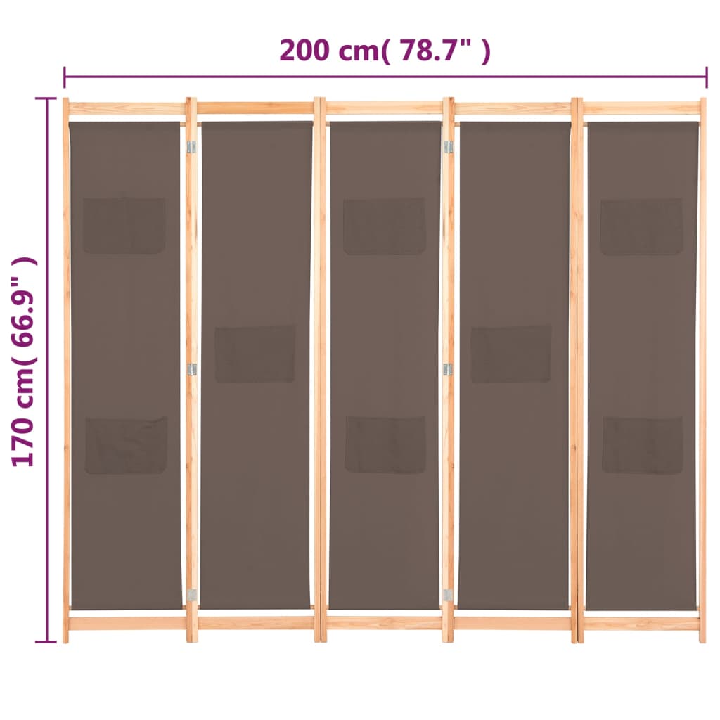 Foldable 5-Panel Brown Fabric Room Divider - 200x170x4 cm