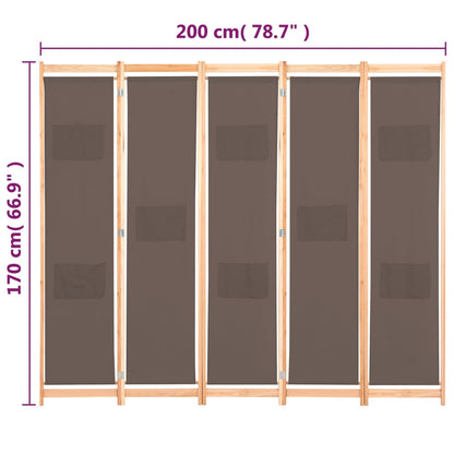 Foldable 5-Panel Brown Fabric Room Divider - 200x170x4 cm