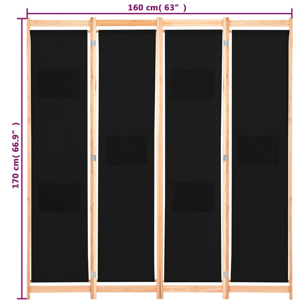 Black Fabric 4-Panel Room Divider, 160x170x4 cm - Stylish & Functional