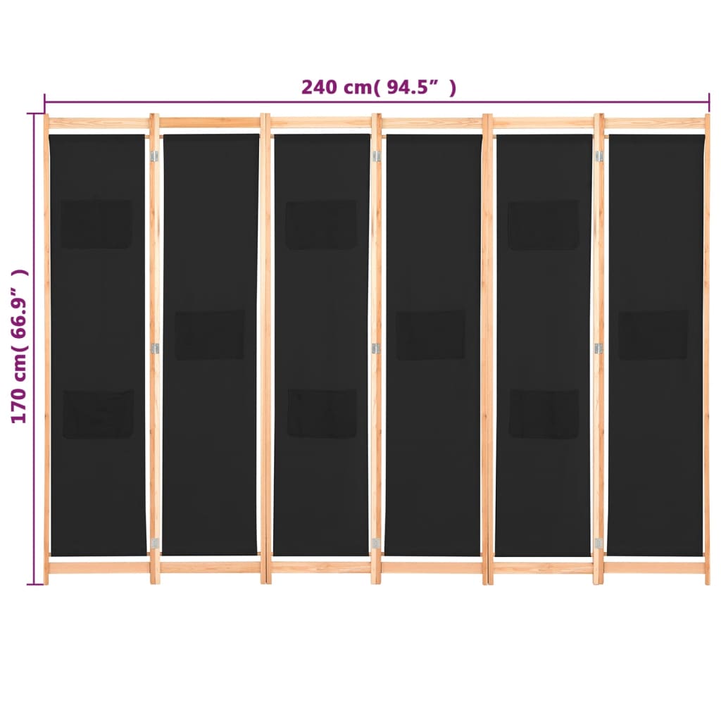 Elegant Black Fabric 6-Panel Room Divider, 240x170x4 cm