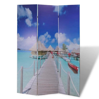 Beach Scene Folding Room Divider 120x170 cm - Light Wood Finish